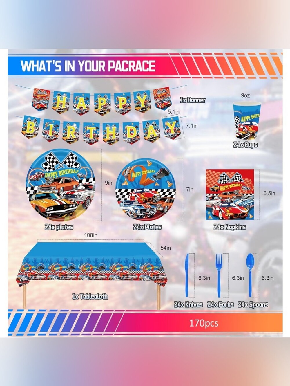 Race Car Birthday Party Tableware Set Serves 24 - Picture 3 of 3